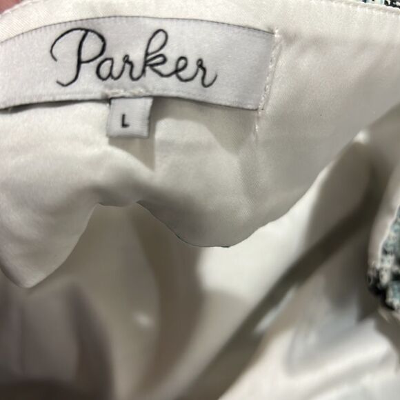 Parker blue black white print cotton blend halter mini dress size large EUC - Picture 10 of 12